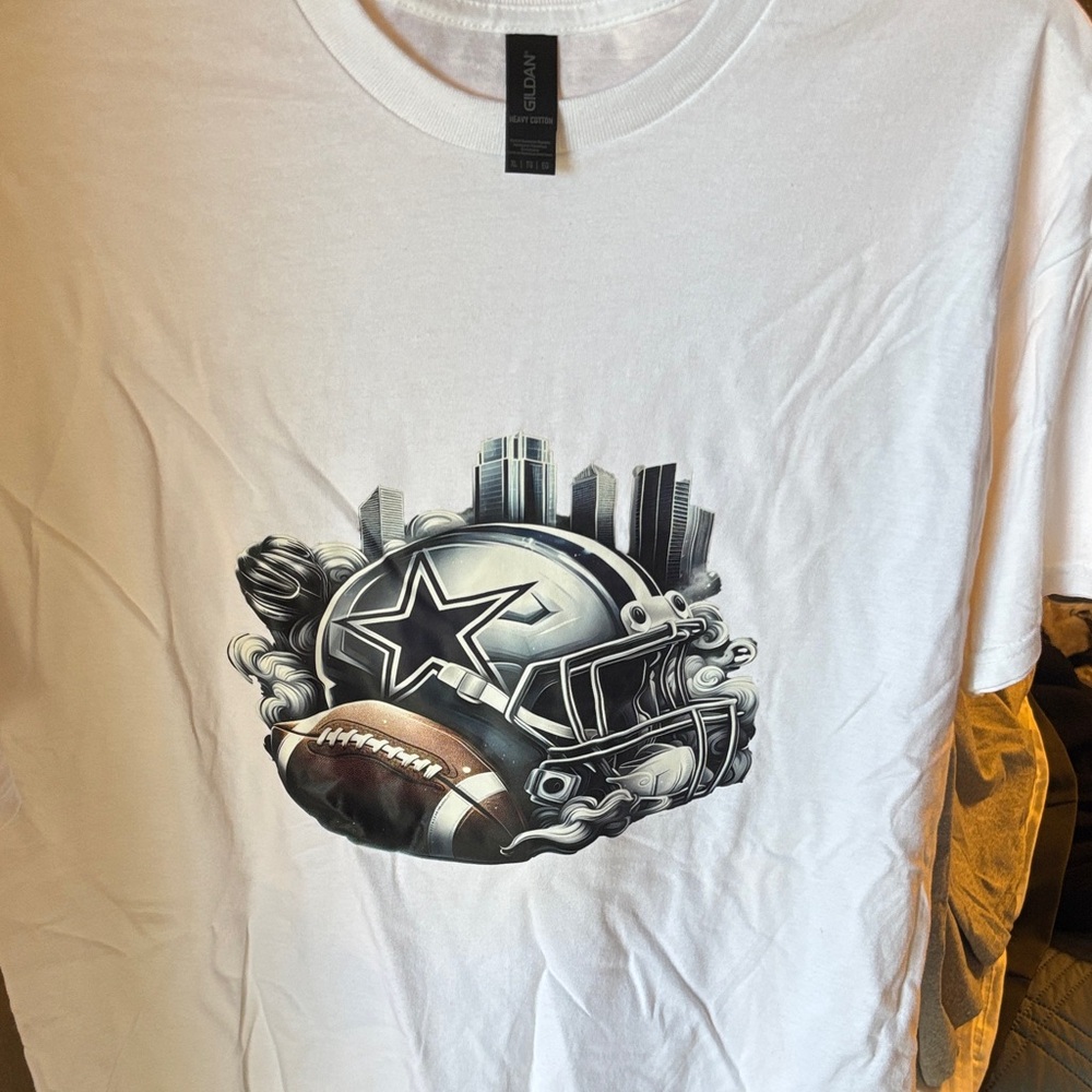 Gildan White T-Shirt with Football Helmet and Cityscape